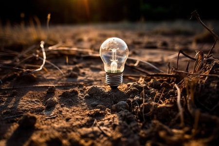 An electric light bulb on the bank of the river between dry branches, an old electric light bulb, Generative AI.の素材