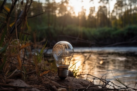 Pollution of the environment with electric light bulbs, a light bulb on the bank of the river, Generative AI.の素材