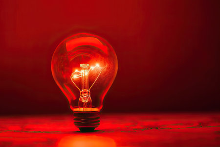electric light bulb on a red background, copy space, Generative AI,の素材