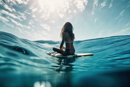 A girl with her back turned sits on a surfboard and swims, recreation and sports at sea, generative AI.の素材
