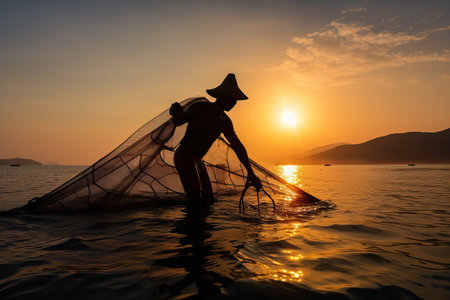 A fisherman catches fish with a net at sunrise, a fisherman throws a net into the sea, a man fishes, generative AI.の素材