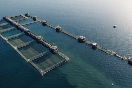Fishing on the seashore, a view of a fish farm from a drone, reproduction of fish on feprms, generative AI.の素材