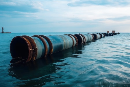 A large and modernized pipeline through the sea for the transportation of gas and oil, a pipe on the surface of the water, generative AI.の素材