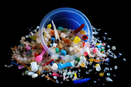 Recycled and shredded plastic on a black background, the problem of plastic and its disposal, generative AI.の素材