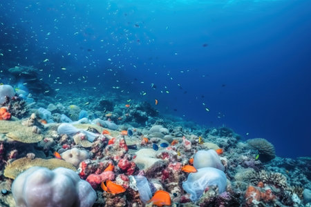 Plastic waste on the bottom of the sea, ecology of marine life, pollution of the seabed, generative AI.の素材