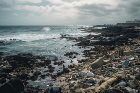 The ocean washes the garbage onto the beach and cleans itself, the garbage on the beach that has been washed away from it, generative AI.の素材