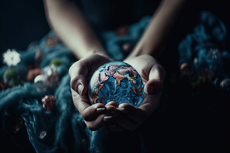 Crystal ball in the shape of the planet Earth in human hands close-up, ecology environmental protection and saving the planet from garbage, generative AI.の素材