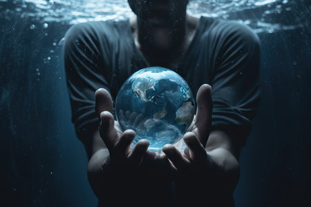 A man underwater holds a crystal ball in the shape of the planet Earth, a small copy of the earth environmental protection in the hands of a man, generative AI.の素材