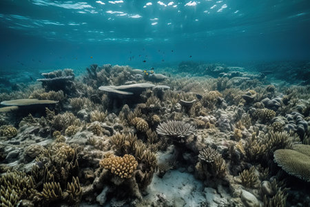 Already dead coral reefs under water close-up, the problem of the ecology of the underwater world, generative AI.の素材