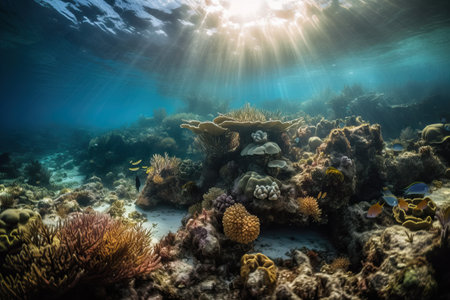Marine life and coral reefs with fish, environmental problem in the sea, coral and fish life, generative AI.の素材