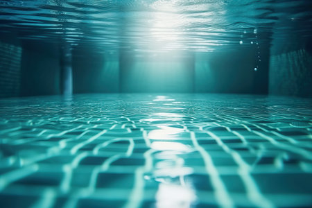 The bottom of the pool, which illuminates, clean and transparent water in the pool, generative AIの素材