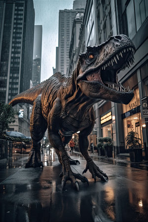 A raptor dinosaur walks the streets of the city and scares the residents, a big and scary predator tyrannosaurus in the city, generative AI.の素材