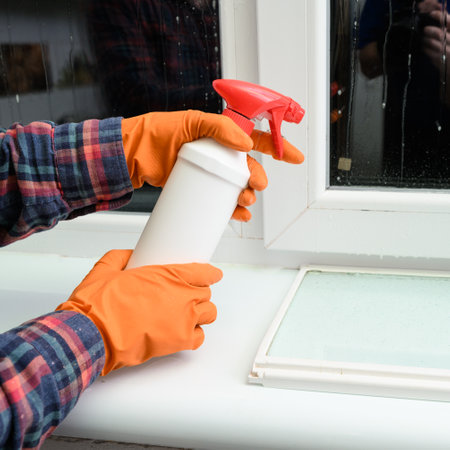Spraying the drug against harmful mold on the window, chemicals run down the window glass.の写真素材