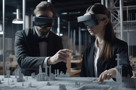 An engineer designs the construction of a city with VR glasses, an office worker wears VR glasses, generative AI.の素材