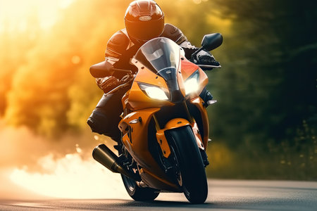 A motorcyclist on a sports bike rides the streets and highways, dangerous motor vehicle, generative AI.の素材