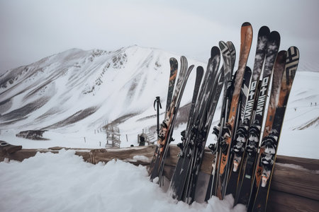 Skis in the winter season, mountains and ski equipment on top of snowy mountains on a sunny day, skis covered in snow on the background of mountains, generative AI.の素材