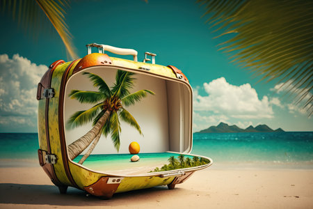 A tourist suitcase on a sandy beach under a coconut tree near the sea, generative AI.の素材