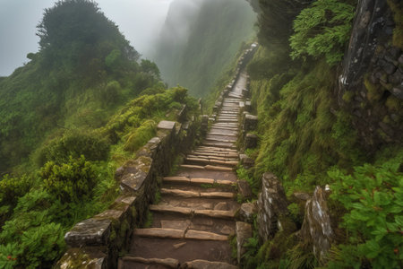 High in the mountains, wooden stairs, green landscape and views, generative AI.の素材