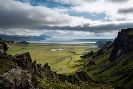 canyons and mountains of the national park in Iceland, a river between the mountains, generative AI.の素材