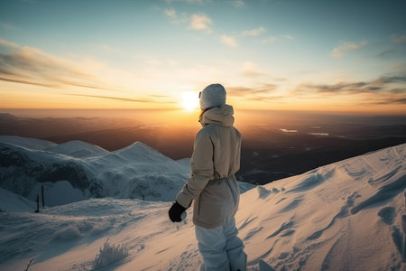 a girl in winter clothes stands on top of a mountain and looks at the winter landscape of the mountains, the girl's back is turned, generative AI.の素材