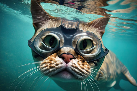 A cat swims underwater in a diving mask, a cat and scuba goggles, generative AI.の素材