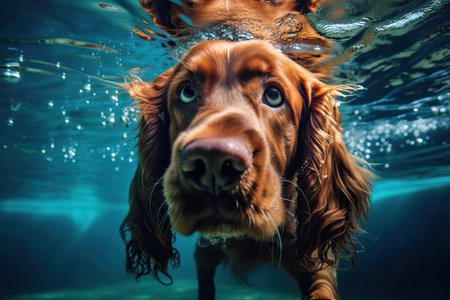 Red cocker spaniel swims underwater, clear and transparent water, generative AI.の素材