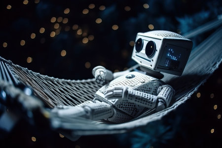 An old-fashioned robot swings in a hammock against a background of festive bright lights, a sad robot, generative AI.の素材