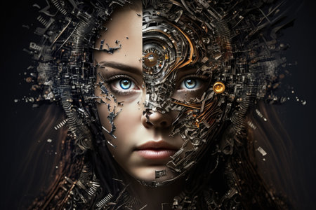 Half robot half human, human robot head with half human head, female portrait of human robot, generative AI.の素材
