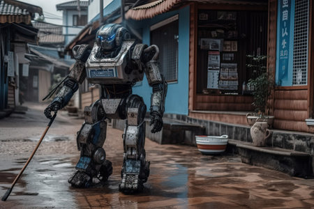 A robot car drives through the streets of the city and cleans them, a robot cleaner, generative AI.の素材