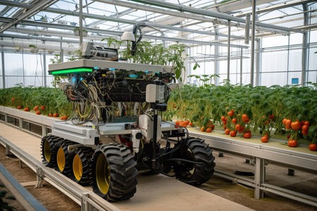The robot car drives around the greenhouse and checks the tomatoes for quality and ripeness, an automated greenhouse, generative AI.の素材
