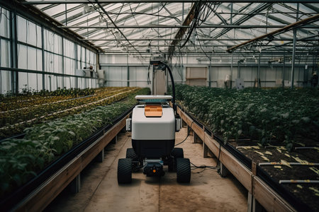 A smart robot travels along the rows of the greenhouse and collects analysis on plants, the greenhouse is equipped with robots, generative AI.の素材