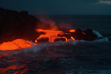 Hot and fresh lava flows into the sea, volcanic eruption and lava flow is a natural phenomenon, generative AI.の素材