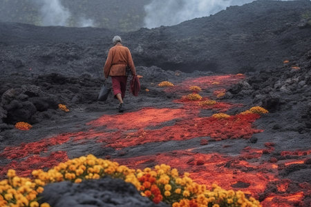 A man in a yellow cloak picks yellow flowers on solidified volcanic magma, plant life after a volcano, generative AI.の素材