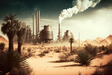 Consequences of a large number of factories and plants on the planet, ecological disaster with water, drought and cracked earth on the background of the factory, generative AI.の素材