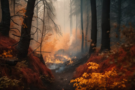 Forest fire, destruction of forest flora and fauna during fire, natural disasters and sloppy handling of fire in the forest, generative AI.の素材