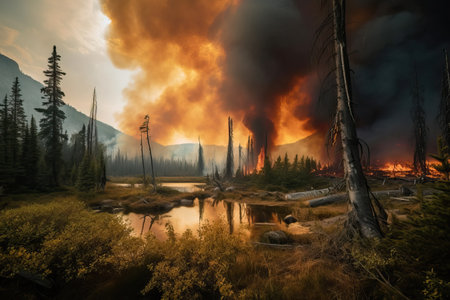Forest fire, destruction of forest flora and fauna during fire, natural disasters and sloppy handling of fire in the forest, generative AI.の素材