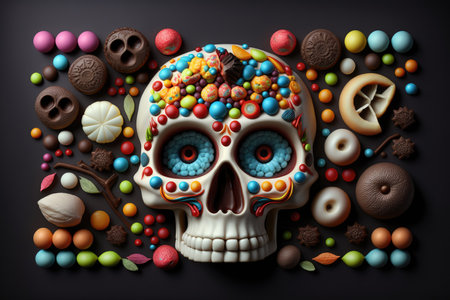 Traditional Halloween skull sweets, festively decorated Halloween skull, generative AI.の素材