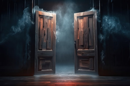 Entrance to dungeons and hell. Opened large wooden door shrouded in mist and cobwebs, magic door, generative AI.の素材