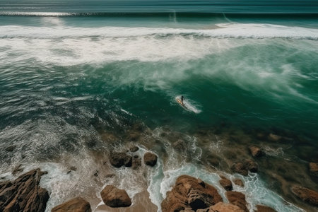Surfer surfs on a board in the sea, view of the sea and a surfer from a drone and height, top view of an athlete in the sea, water sports, generative AI.の素材
