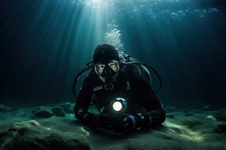 Underwater driver on the bottom of the sea with a lantern to illuminate the bottom and path, portrait of the driver under water, generative AI.の素材
