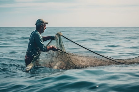 A male fisherman stands knee-deep in water and throws a fishing net into the sea, a fisherman catches fish, generative AI.の素材