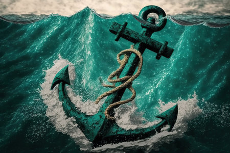 Anchor on the bottom of the ocean underwater, abandoned ship anchor underwater, heavy metal ship anchor, generative AI.の素材
