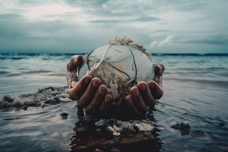 A person catches plastic waste floating on the surface of the sea with his hand, pollution of the world ocean,traces of human culture in the sea, generative AI.の素材