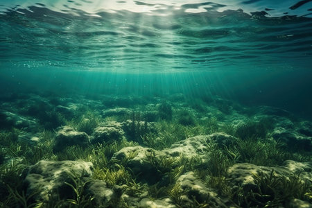 Seabed with air bubbles and sunlight, underwater life of corals and fish, generative AI.の素材