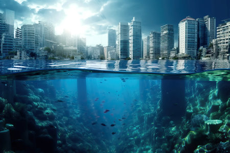 A large metropolis half of which is under water, the city is flooded with water, the greenhouse effect and its consequences, generative AI.の素材