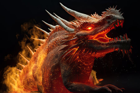 Terrible dragon's mouth emits fire close-up, fantastic creature, generative AI.の素材