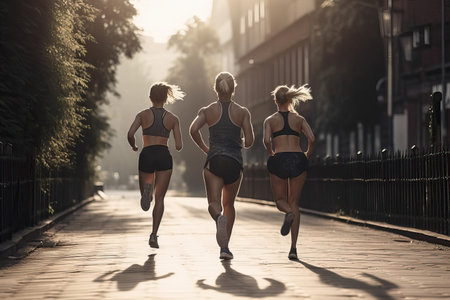 A group of female athletes run through the streets of the city on treadmills, active recreation and sports, generative AI.の素材