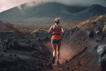 The girl is engaged in mountain running, athletics in the mountains, generative AI.の素材