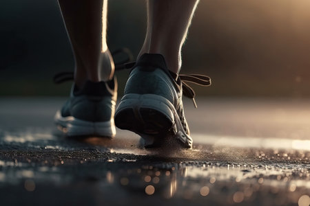 The bottom of the sole of a running shoe on a hard road while running, close-up of the bottom of the sole, generative AI.の素材