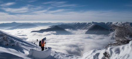 Panorama of winter mountain landscape for ski resort, extreme skiers in the mountains, generative AI.の素材